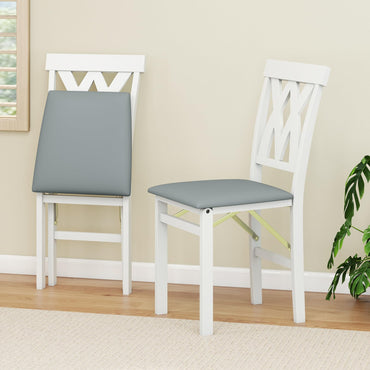Folding Wooden Dining Chair Set of 2 Faux Leather Upholstered Chairs