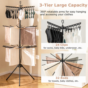 3-Tier Foldable Clothes Drying Rack with 24 Clips and 32 Hanging Rods
