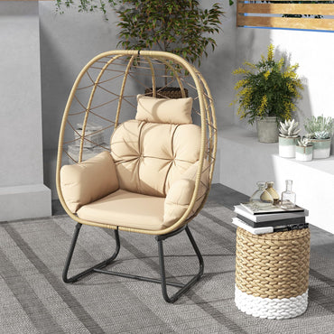 Oversized Standing Rattan Garden Egg Chair with Thick Cushions and Headrest