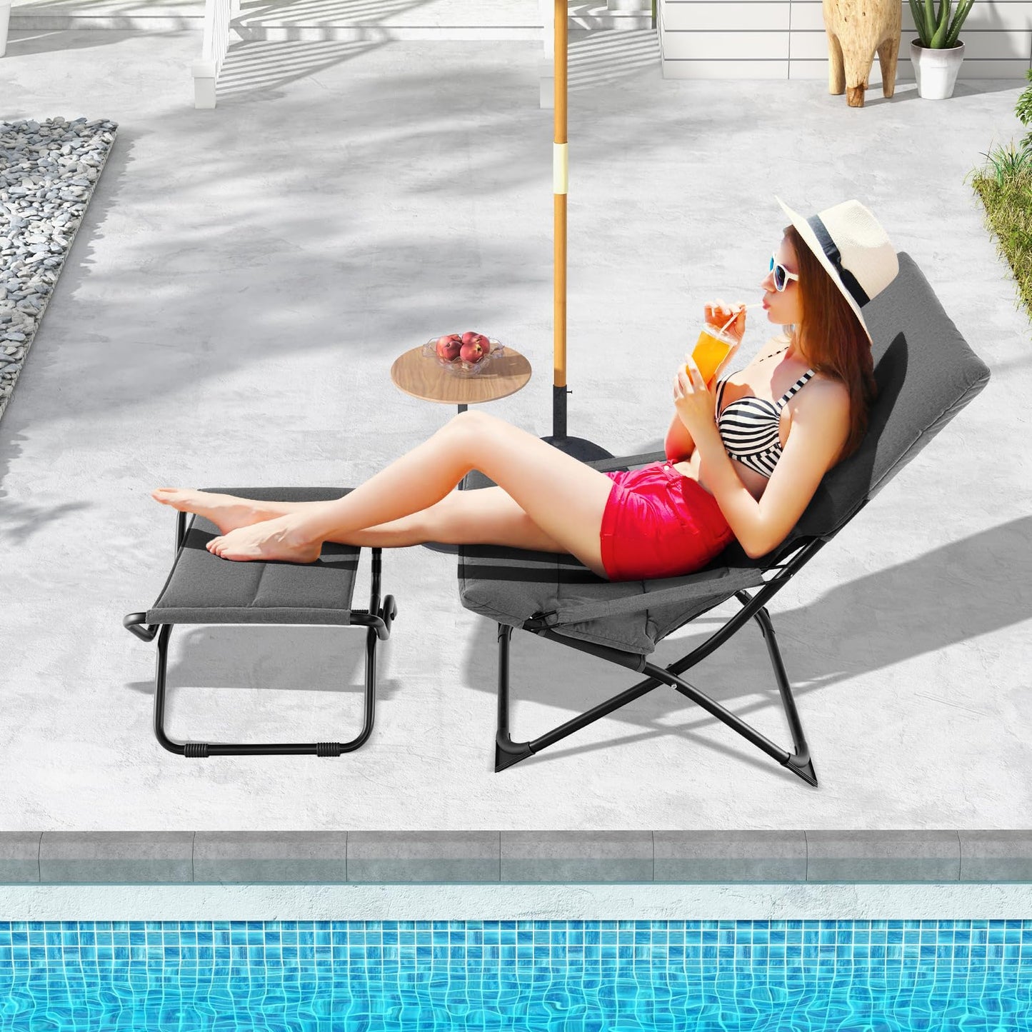 Outdoor Portable Lounge Chair with Footrest & Removable Cushion