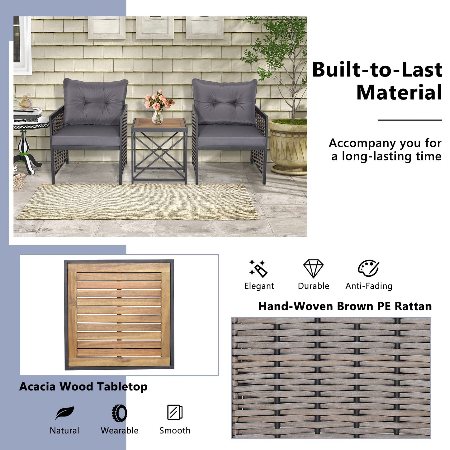 3-Piece Outdoor Coffee Table and Sofas with Acacia Wood Tabletop