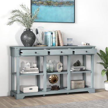 146cm Long Slim Entryway Sofa Table with 3 Drawers & Open Storage Shelves