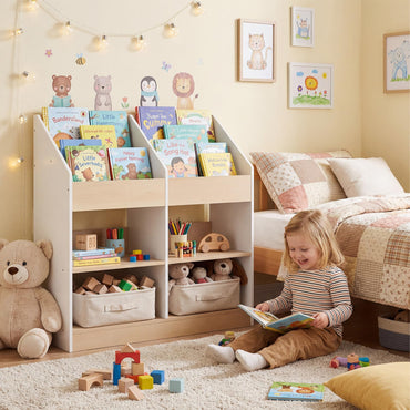 Kids Bookshelf Toddler Book Stand with 4 Upright Cubes and 4 Storage Compartments