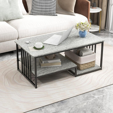 Faux Marble Coffee Table with Open Storage Shelf