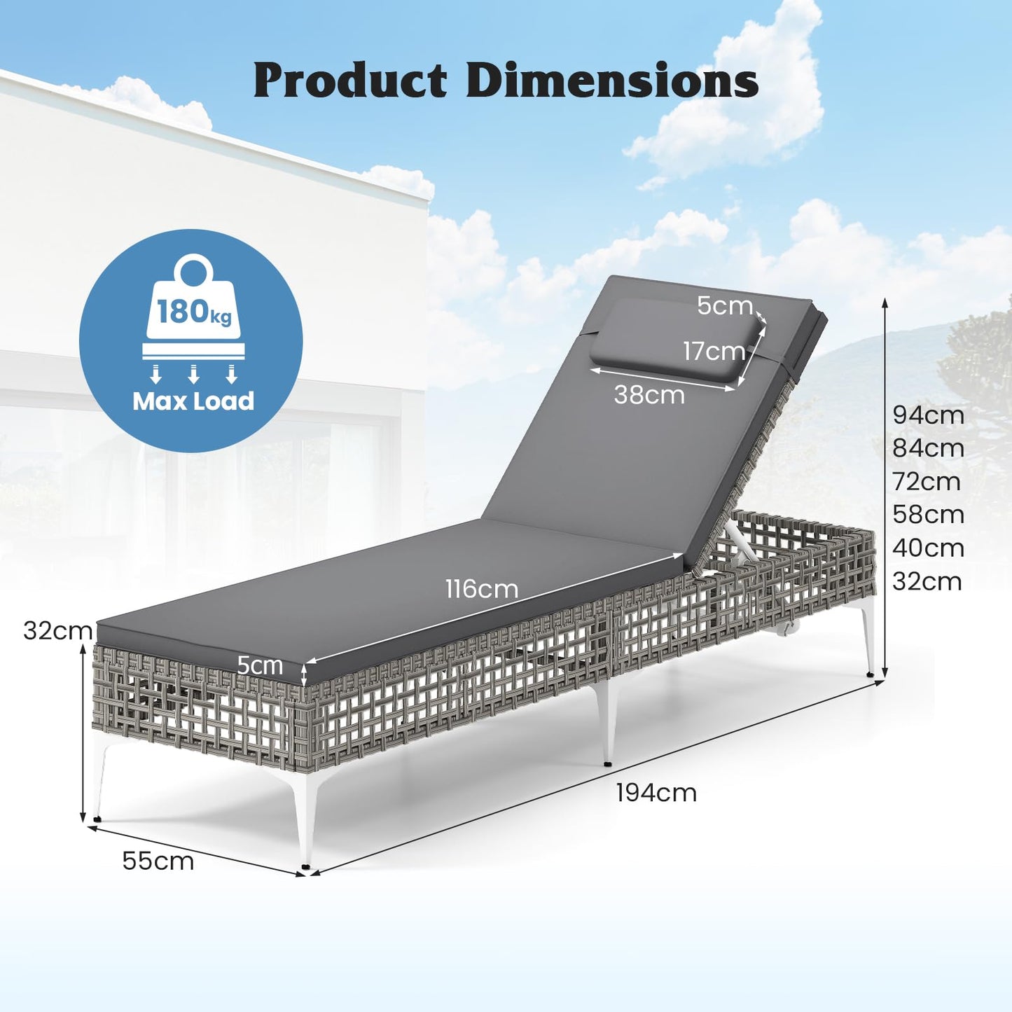 Patio Chaise Lounge PE Wicker Reclining Sun Lounger with 6-Level Adjustable Backrest