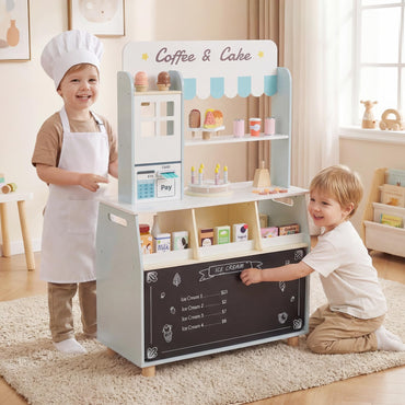 Kids Ice Cream Shop, Wooden Grocery Store Playset with 27 Accessories