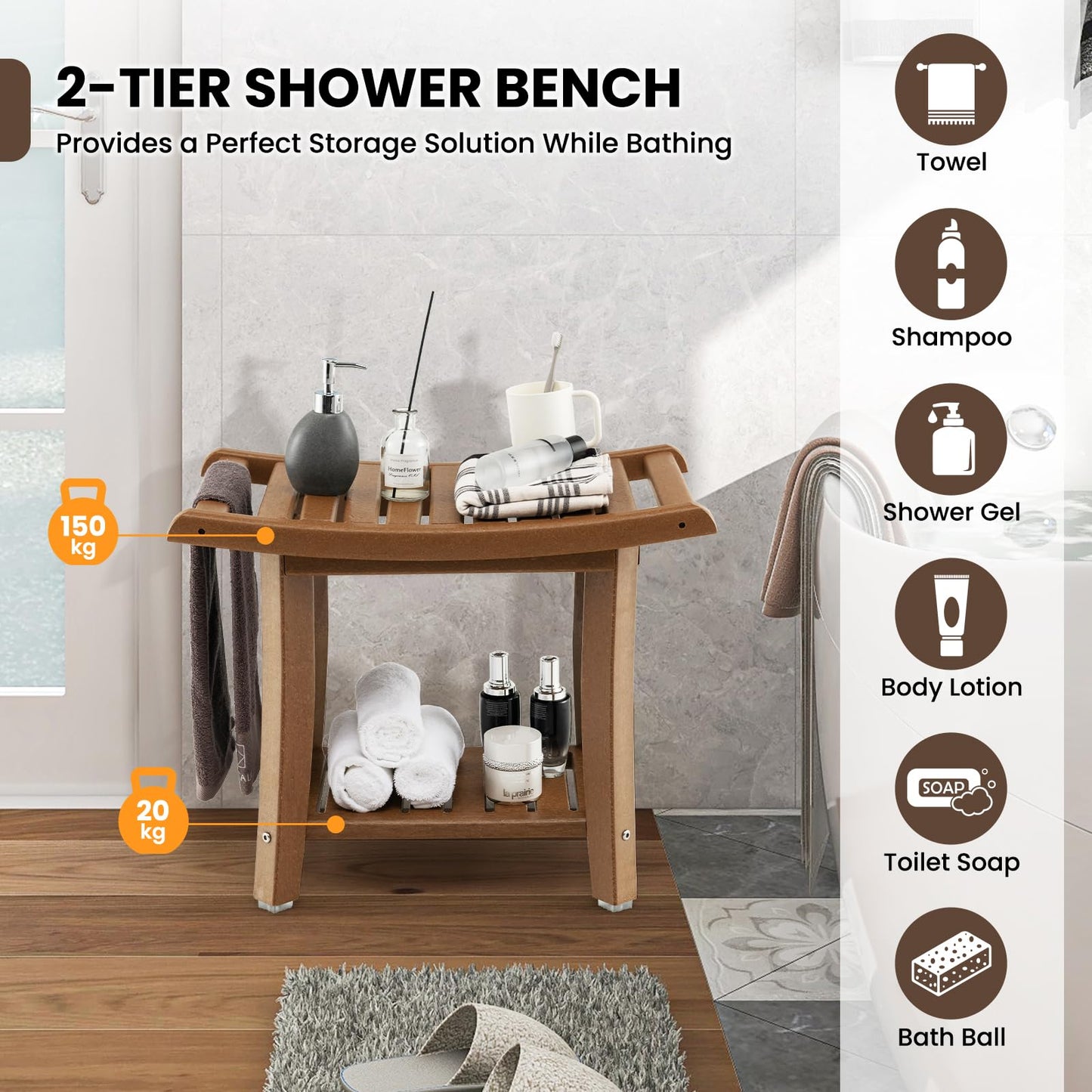 2-Tier Slatted Spa Bath Stool with Storage Shelf & Handles