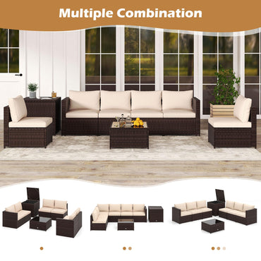 8 PCS Garden Rattan Corner Patio Conversation Sofa Set with Tempered Glass Coffee Table