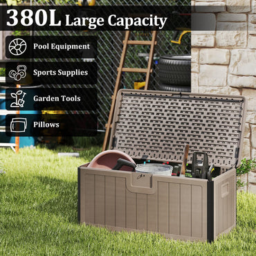 380L Waterproof Resin Deck Box Bench with Lockable Lid & Side Handles