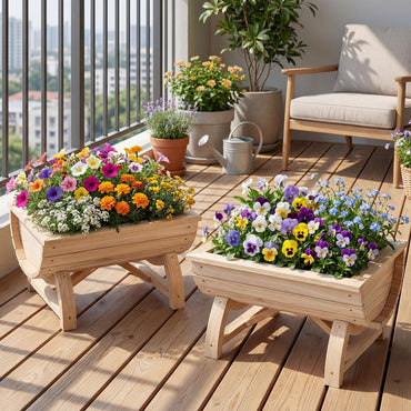 Set of 2 Raised Garden Bed, Half Barrel Fir Wood Planter Boxes with Legs