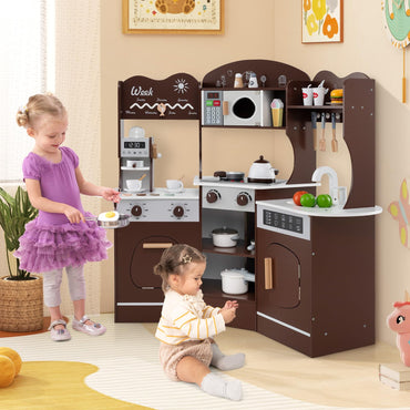 Kids Corner Wooden Play Kitchen with Coffee Machine Slide Microwave