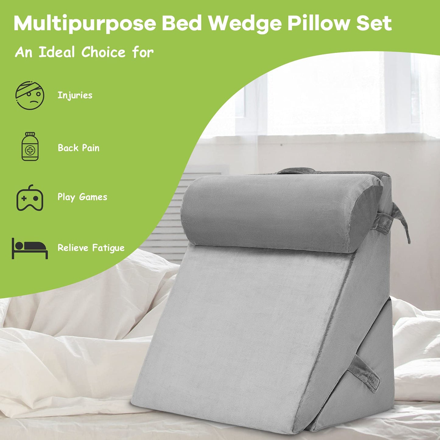 Bed Wedge Pillow with Headrest and Washable Cover for Reading