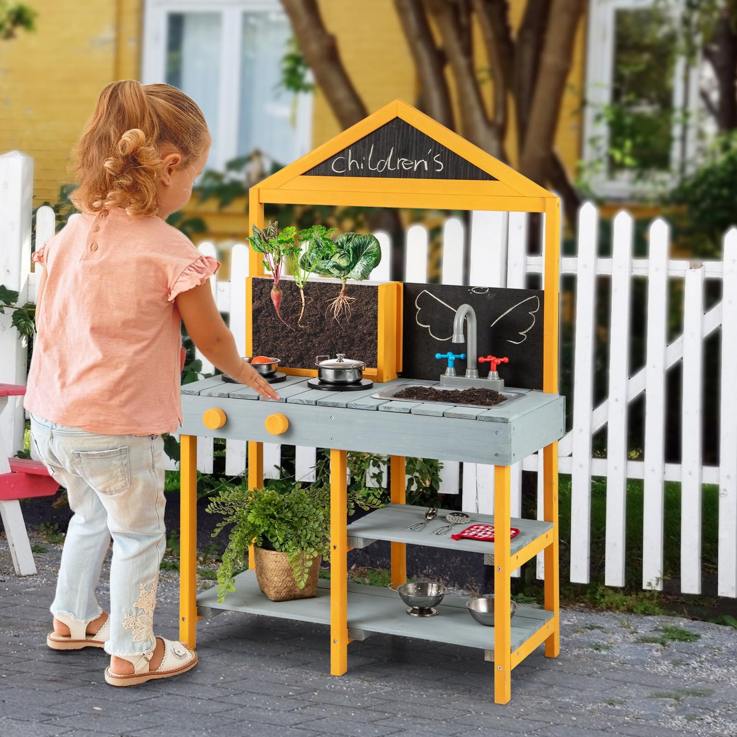 Kids Mud Kitchen Outdoor Kitchen Playset with Educational Plant Viewer