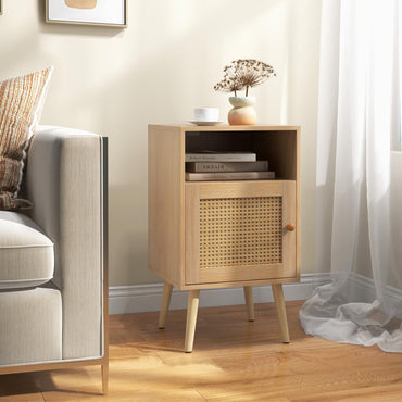Rattan Nightstand with Storage and PE Rattan Decorated Door