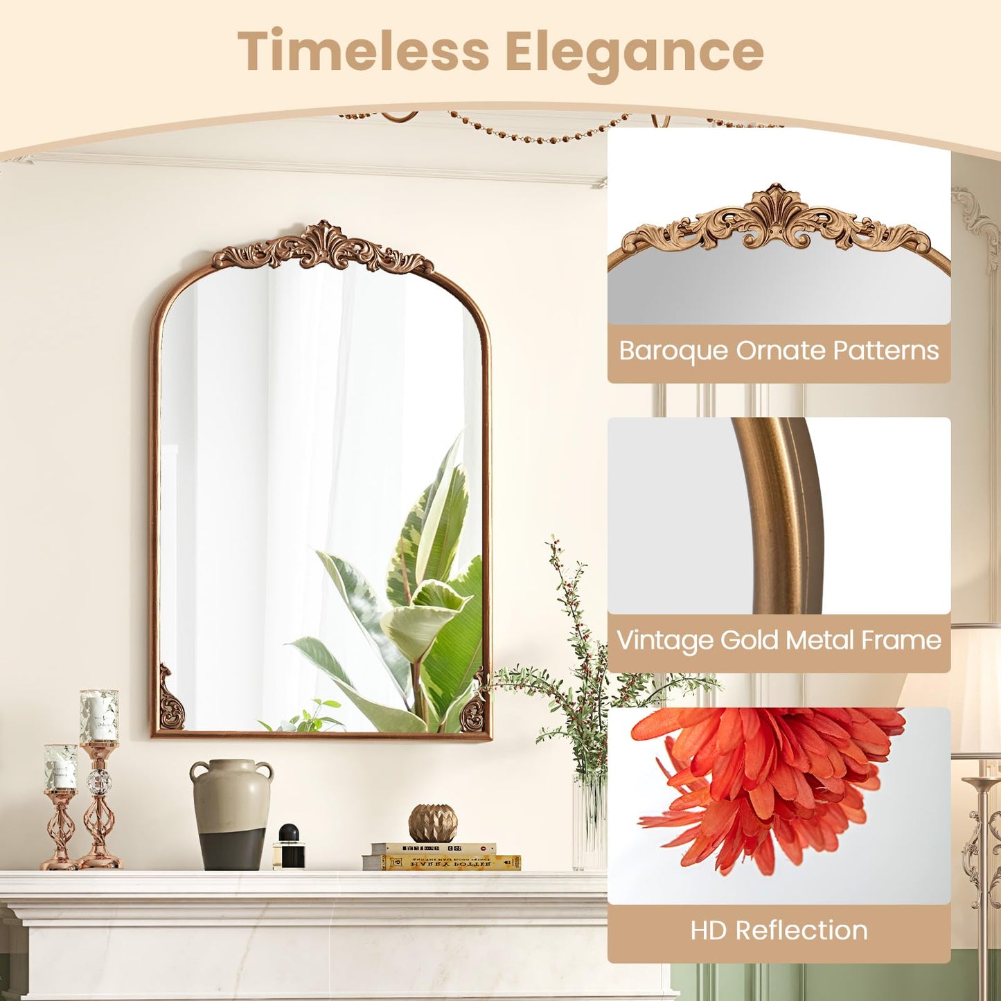 Vintage Ornate Baroque Arched Mirror with Hanging Hooks