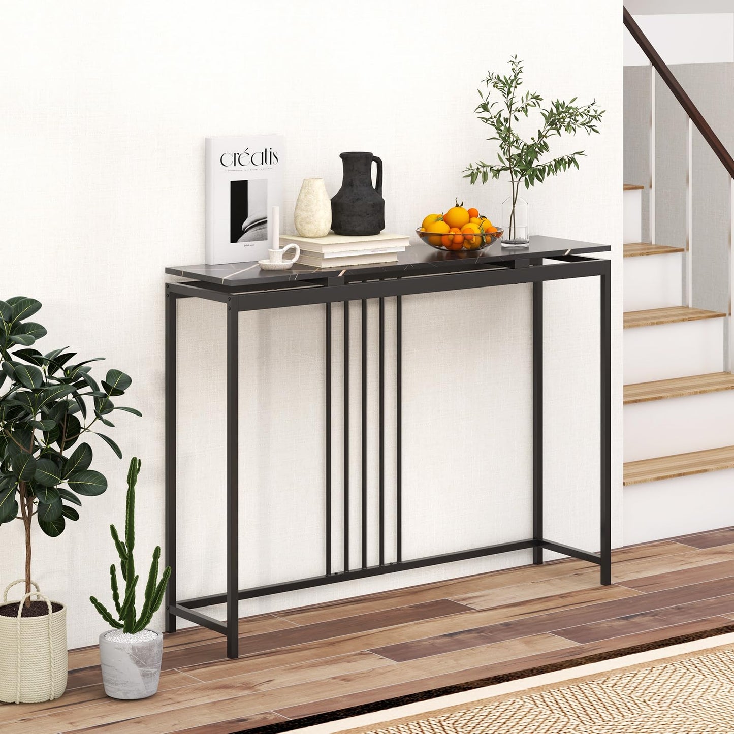 Narrow Console Table 120cm Long Hallway Table with Metal Frame & Faux Marble Top