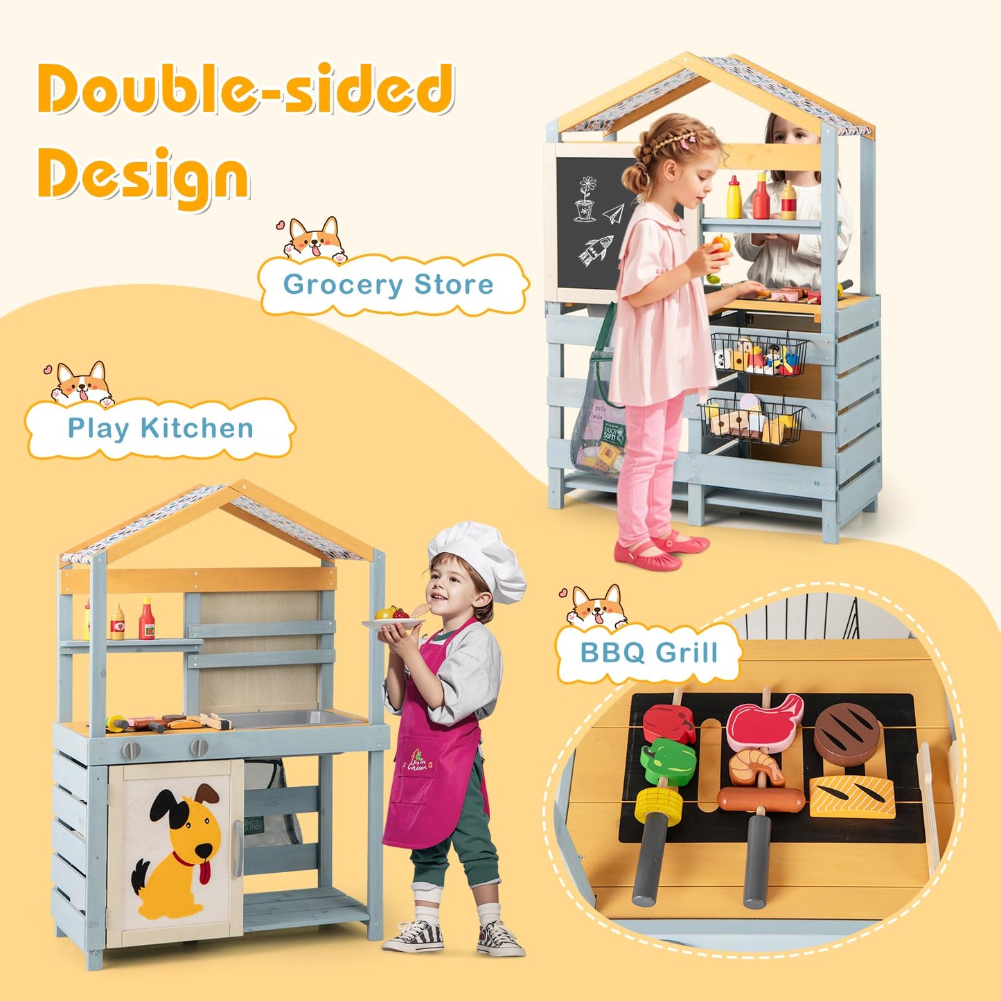 2 in 1 Wooden Mud Kitchen and Grocery Store with Removable Sink