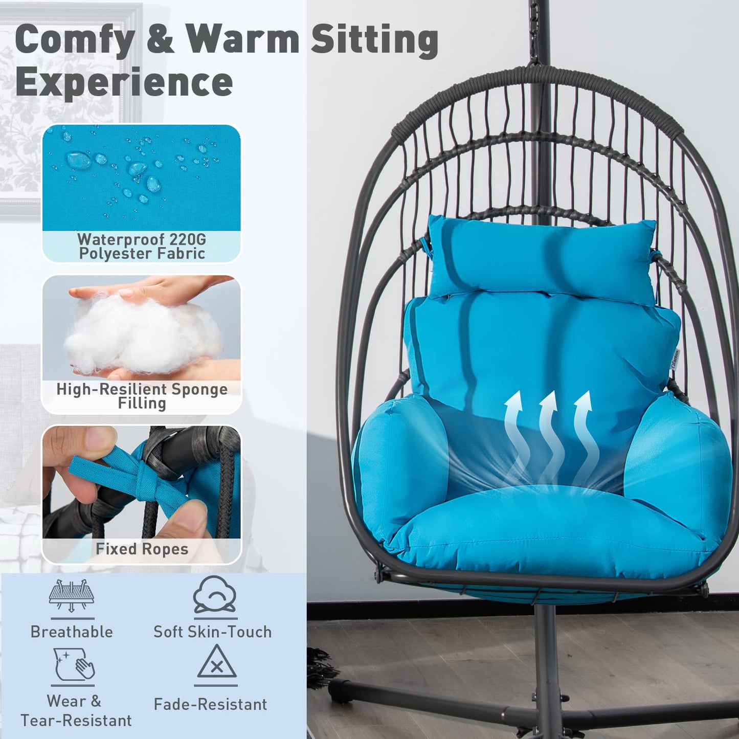 Foldable Rattan Swing Egg Chair with Stand & Soft Cushion