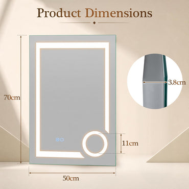 500x700mm Bathroom Mirror with LED Lights, 3x Magnifier, Anti-Fog