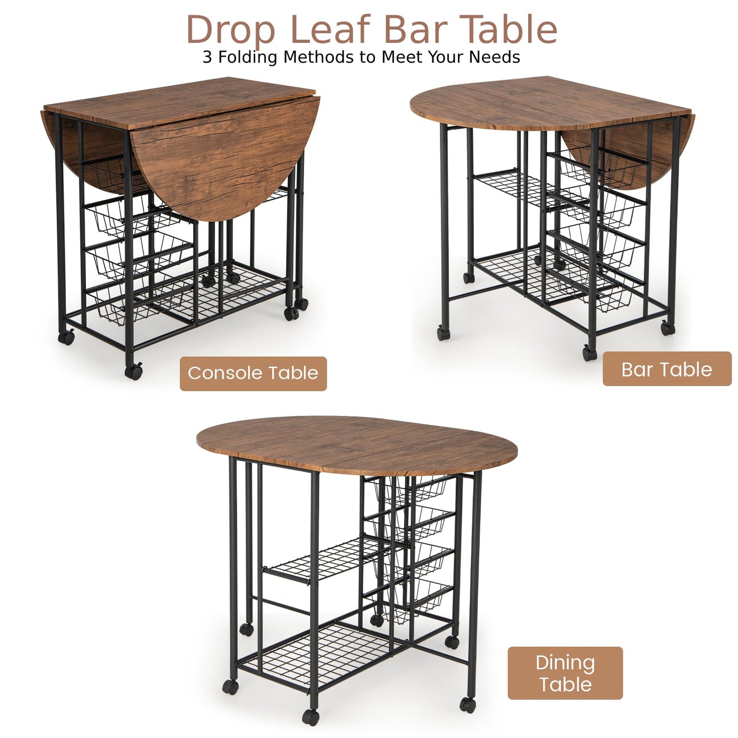 GiantexUK 3-Piece Folding Dining Room Set, Metal Frame Wooden Top Drop Leaf Bar Table Set with Wheels