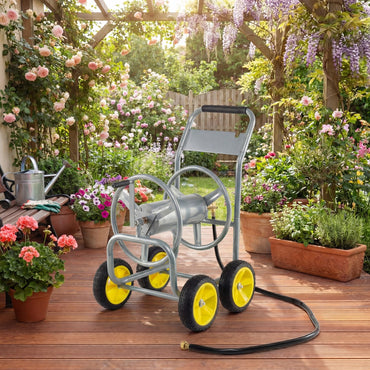 GiantexUK Garden Hose Reel Cart, Heavy-Duty Metal Hose Pipe Trolley with 4 Wheels