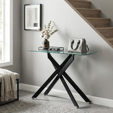 Modern Glass Console Table with Tempered Glass Top and Tubular Legs