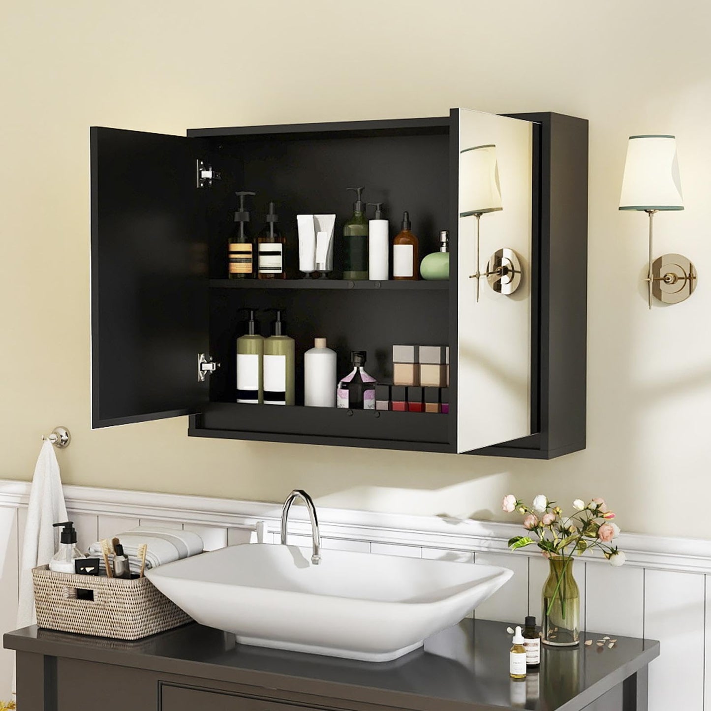 Double Mirrored Door Cabinet with Storage Shelf for Bathroom