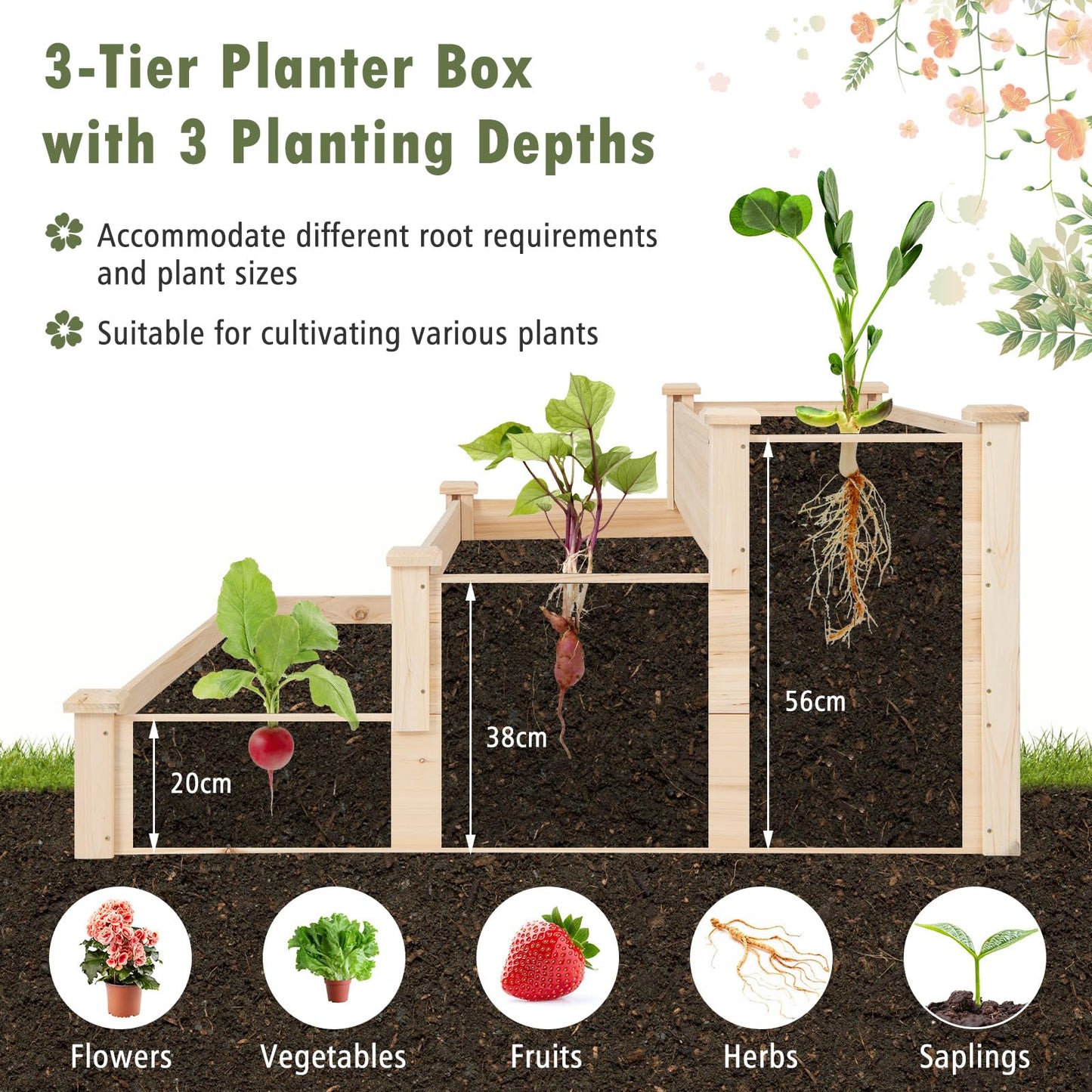 3-tier Fir Wood Raised Garden Bed with Open-ended Base