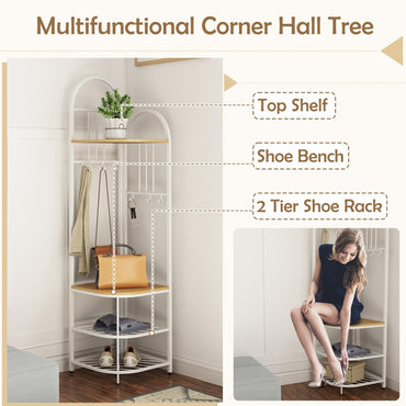 Corner Hall Tree 4 Tier Coat Rack with Storage Bench and Hooks