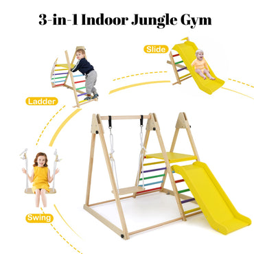 3-in-1 Foldable Indoor Jungle Gym Wooden Climbing Toys with Swing
