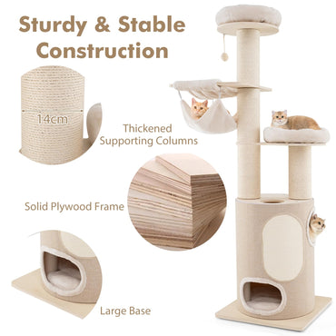 187 cm Tall Wooden Cat Tower Tree with 2-Story Cat Condo
