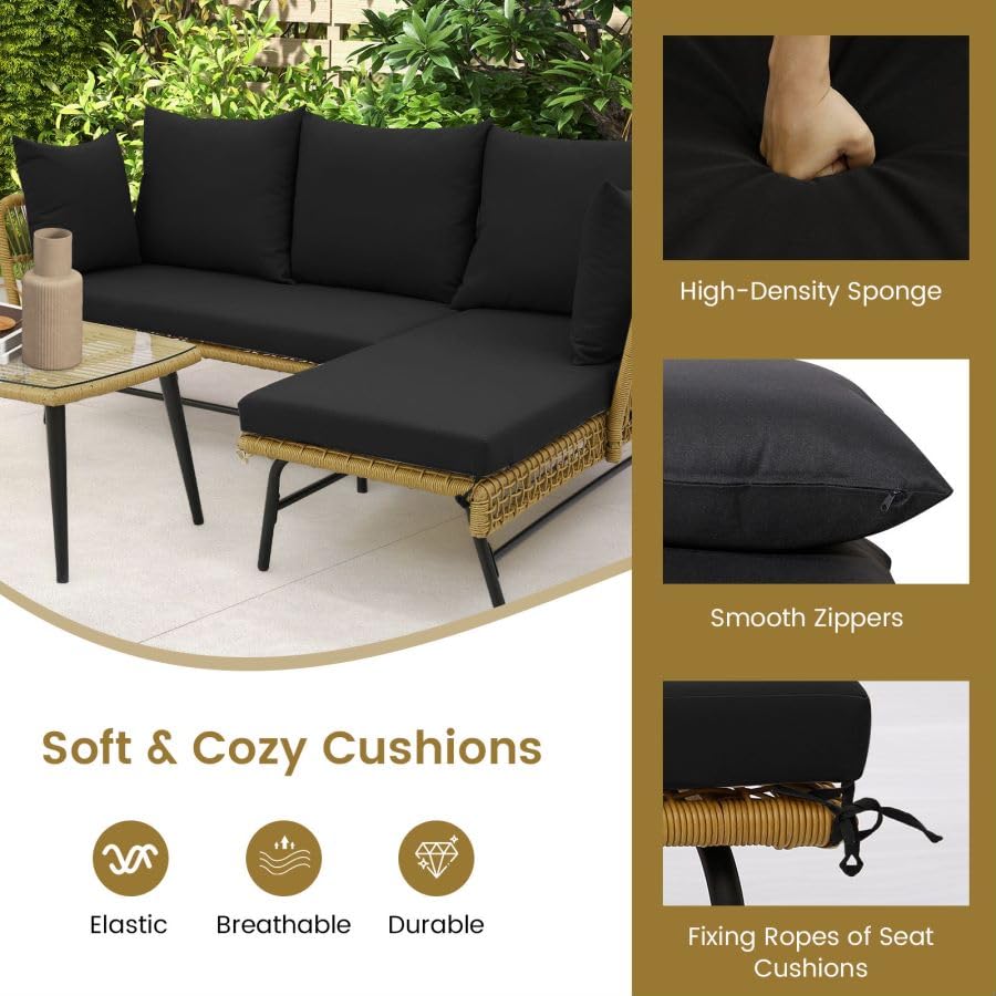 3 Pieces L Shaped Patio Conversation Set with Cushions & Tempered Glass Table