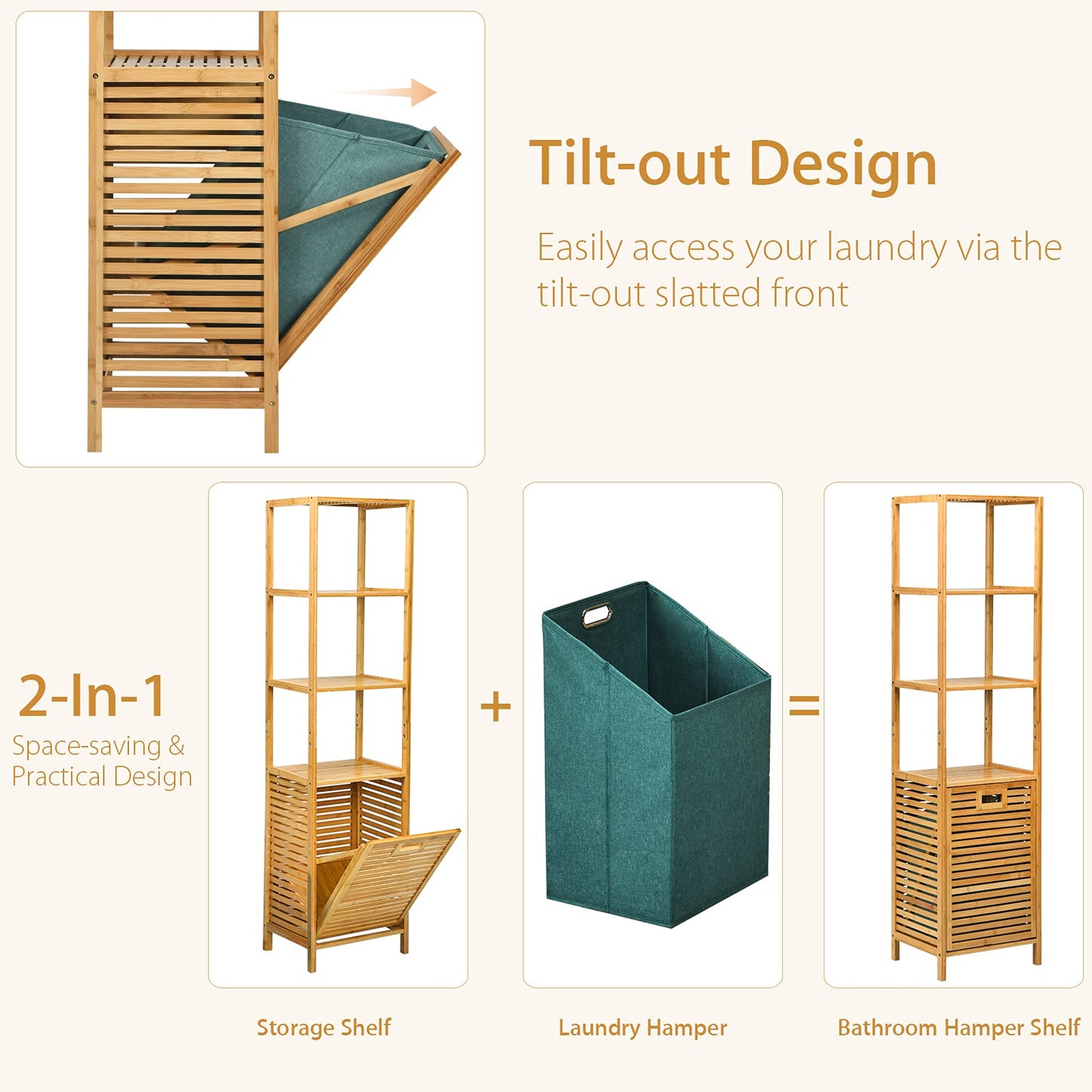 Bathroom Tilt-out Laundry Hamper Organizer with 3-Tier Storage Shelves