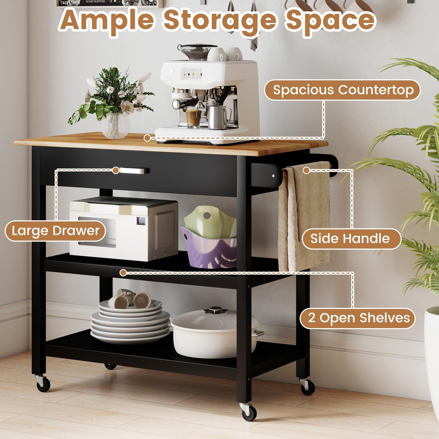 Kitchen Island with Open Shelves and Lockable Casters