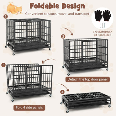 96/120cm Metal Dog Cage Foldable with Double Door and Wheels