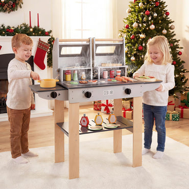 Kids BBQ Grill Playset, Wooden Toy Kitchen with Flip-Top Grill Covers