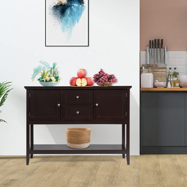 Wooden Buffet Table with Spacious Tabletop and Large Storage Rack