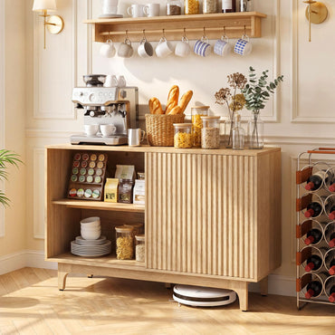 Kitchen Sideboard, Fluted Wooden Storage Cabinet with Adjustable Shelves