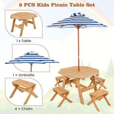 Wooden Kids Picnic Table and Benches Set with Foldable Parasol