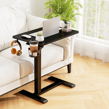 Height Adjustable Overbed Bedside Table with Cup Holder and Headphone Hook