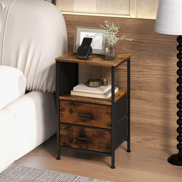Nightstand with Charging Station with 2 Drawers and 6 Side Pockets
