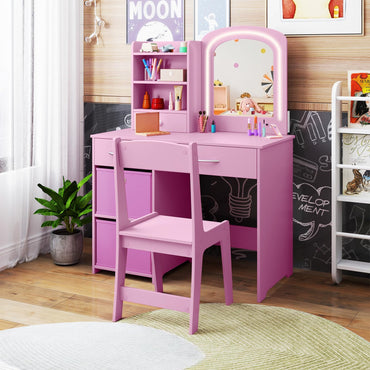Kids Vanity Set with Lighted Mirror and Storage Drawers
