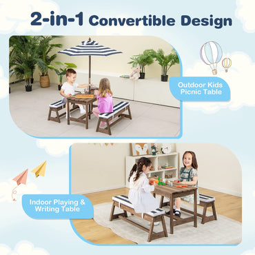 Wood Kids Picnic Table and Bench Set with Cushions