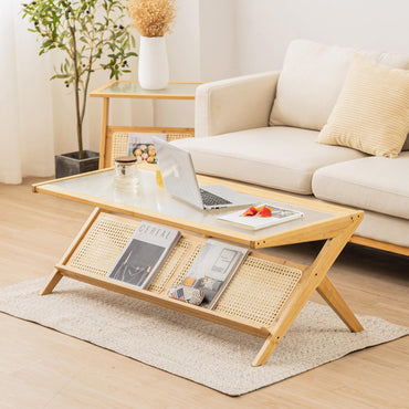 Tempered Glass Cocktail Tea Center Table with Rattan Magazine Storage Shelf