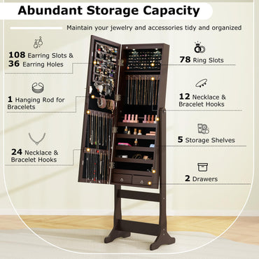 Freestanding Jewelry Armoire Cabinet with Inner LED Lights and 4 Adjustable Tilt Angles