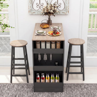 3 Piece Bar Table Set, Dining Table and 2 Stools with 3-Tier Side Shelves & Footrest