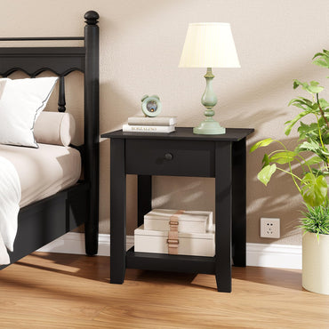 Wooden Nightstand End Sofa Side Table with Drawer and Open Shelf