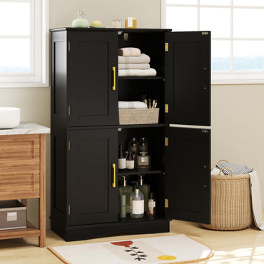 Bathroom Floor Storage Cabinet with 4 Doors and 2 Adjustable Shelves
