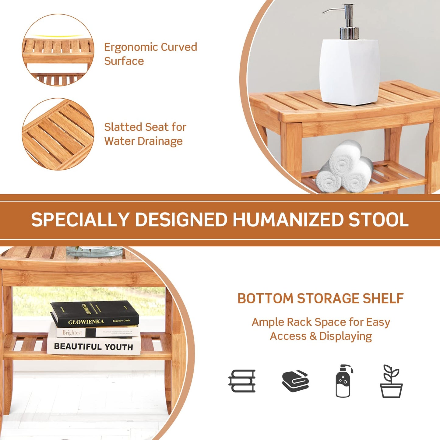 2-Tier Slatted Spa Bath Stool Shower Seat with Storage Shelf and Non-Slip Feet