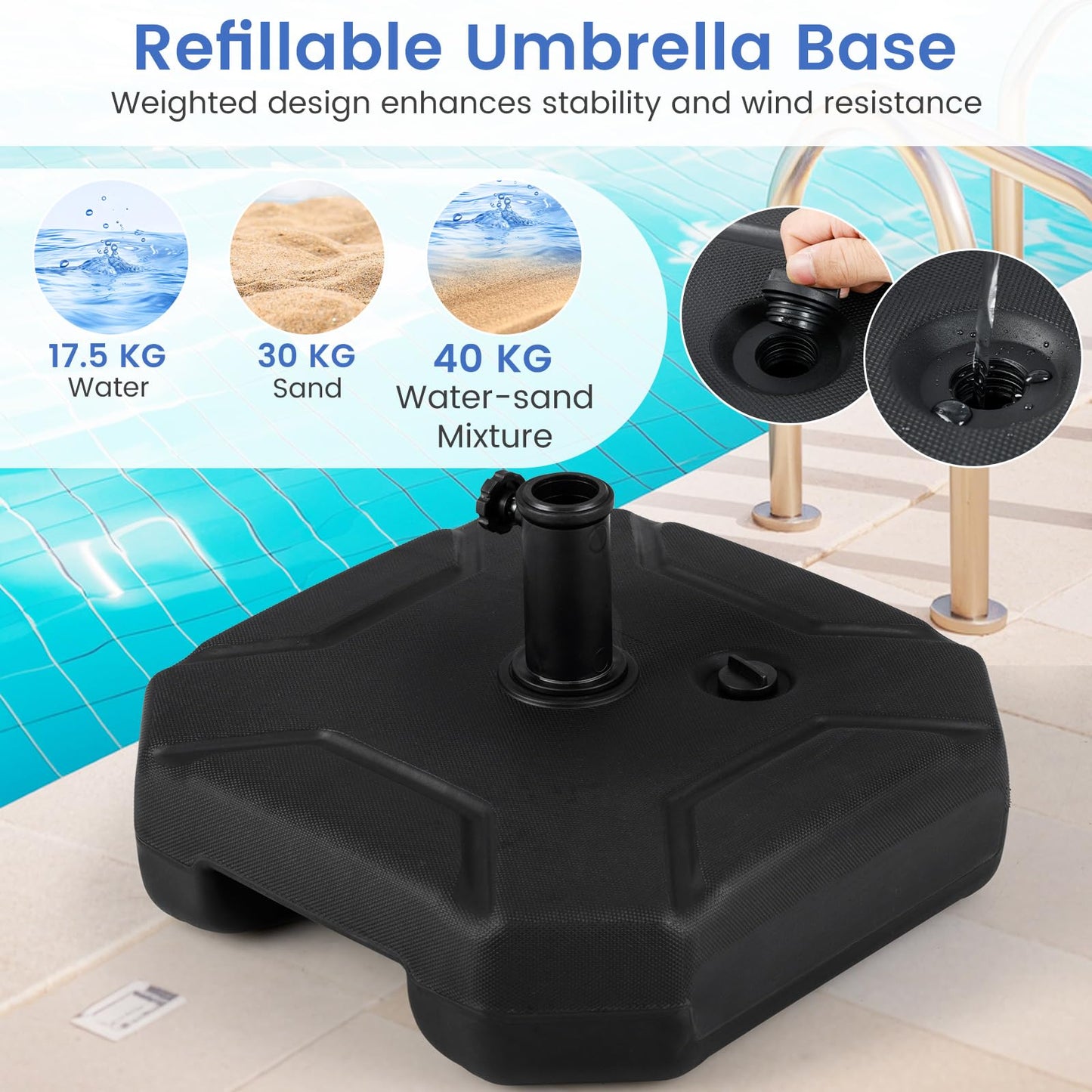40kg Water+Sand Filled Patio Parasol Umbrella Stand Fit 38/48 mm Umbrella Poles